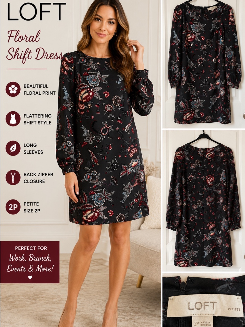 LOFT Black Floral Long Sleeve Shift Dress